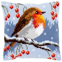 PN-0149810 Набор для вышивания крестом (подушка) Vervaco Red Robin in winter "Робин в зимний период. Снегирь"
